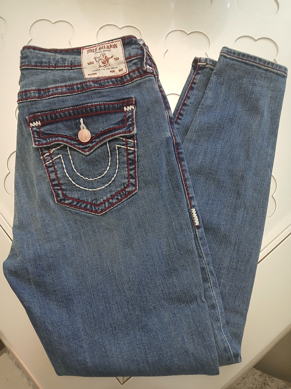 True Religion Women's Medium Blue Skinny Jeans with Contrast Stitching